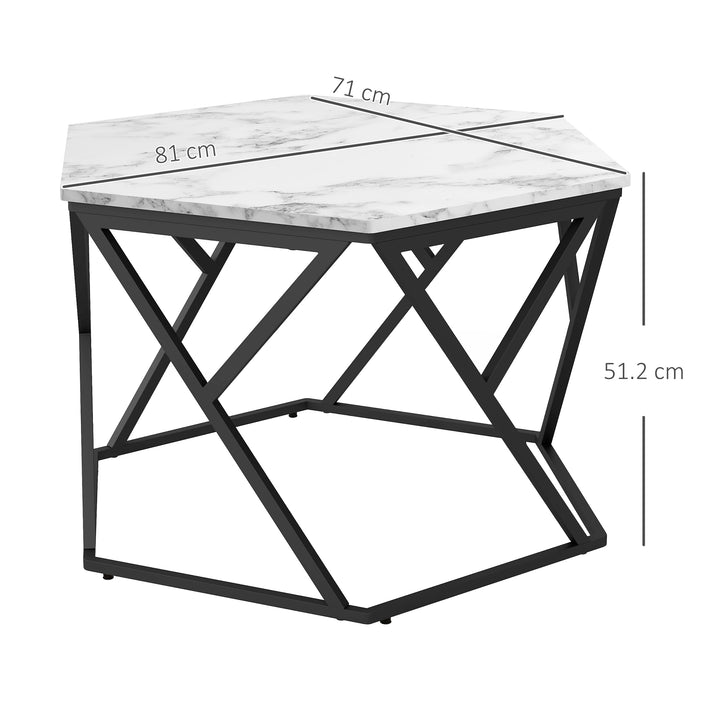 Hexagonal Coffee Table with High Gloss Marble Effect Table Top, Modern Cocktail Table with Steel Frame for Living Room, White