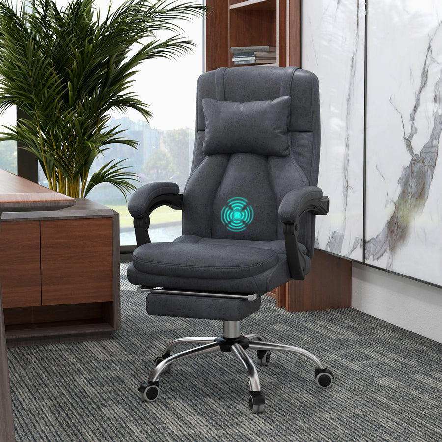 Office Chair with Lumbar Massage, 135° Reclining Computer Chair with Adjustable Headrest, Retractable Footrest, 10cm Double Padded Seat, Microfiber Fabric, Metal Base, Dark Grey