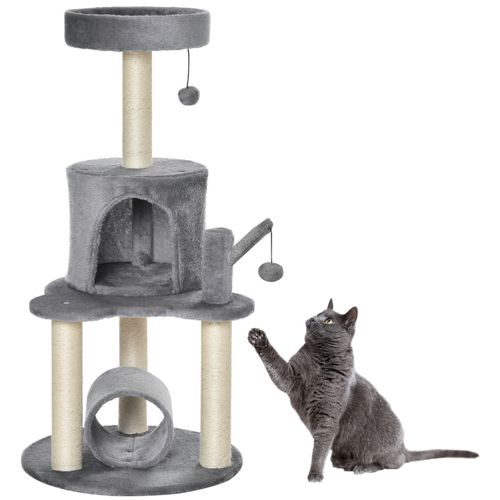 PawHut Cat Tree Tower Climbing Activity Center Kitten Furniture with Jute Scratching Post Bed Tunnel Perch Hanging Balls Grey | Aosom UK