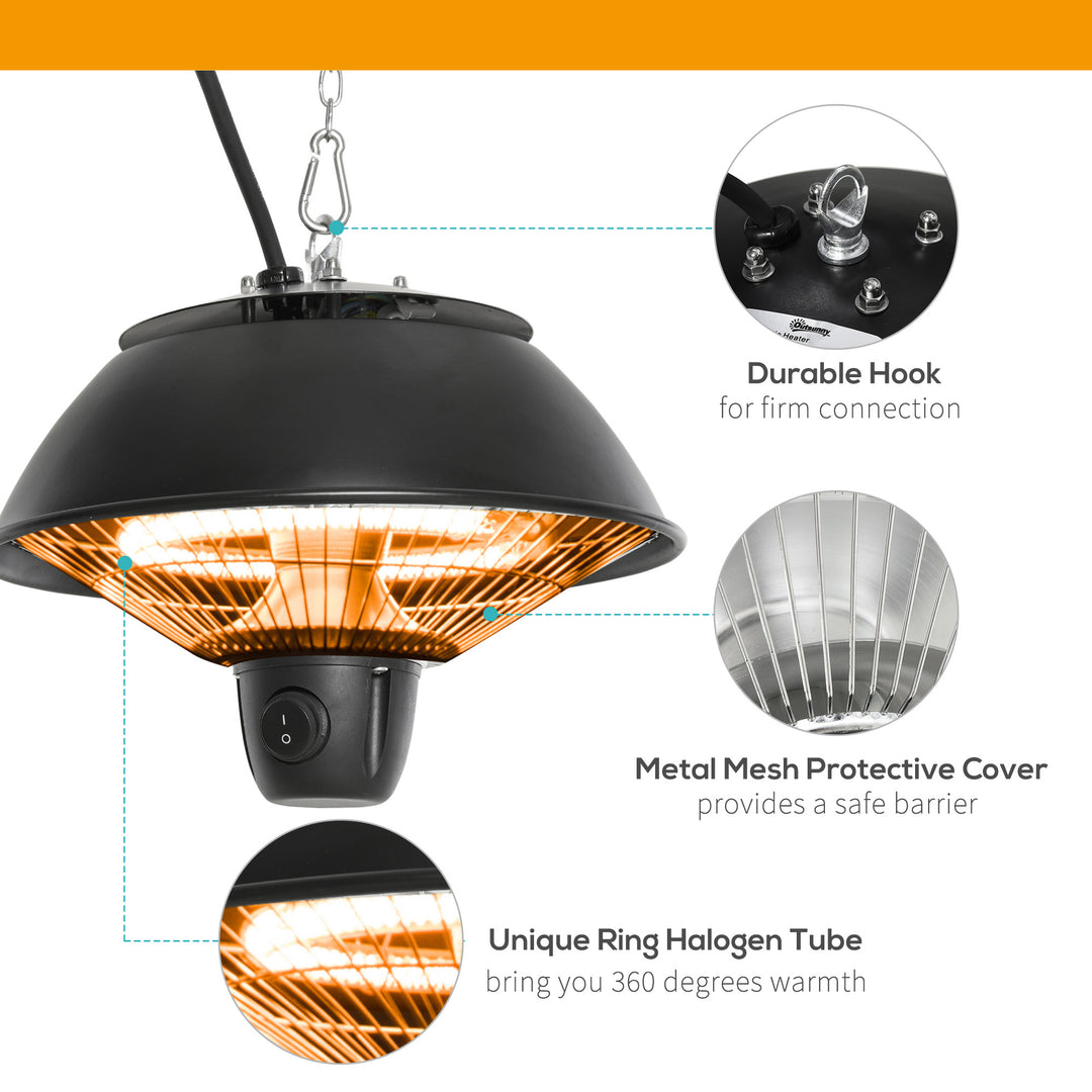 Outsunny Electric Heater, 600W Ceiling Hanging Halogen Light, with Adjustable Hook Chain, Black Aluminium Frame