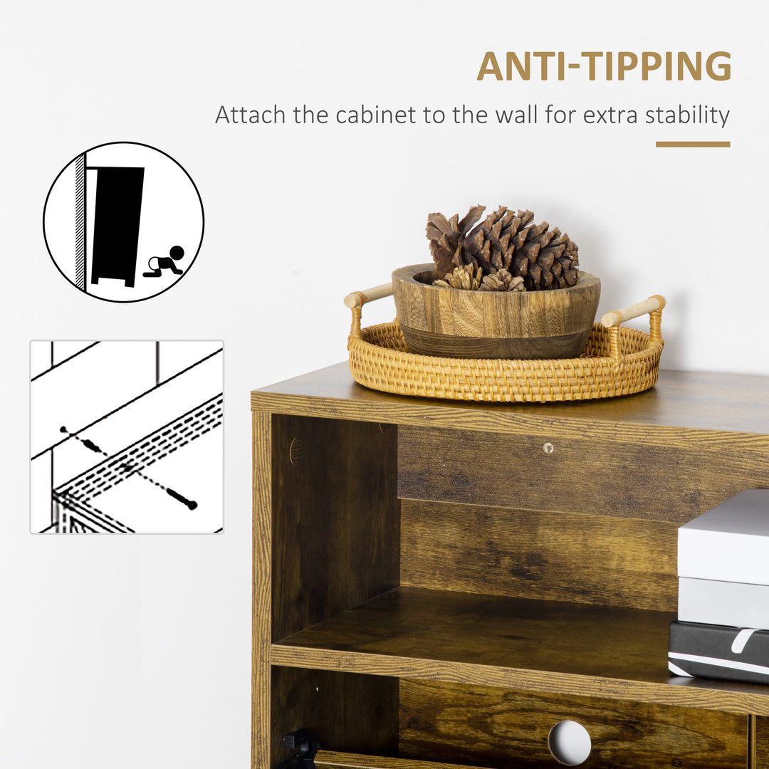 MCL Shoe Cabinet with 2 Flip Doors, Slim 2-Drawer Shoe Cupboard with Adjustable Divider and Open Compartment for 12 Pairs of Shoes, Entryway Storage Unit, Rustic Brown