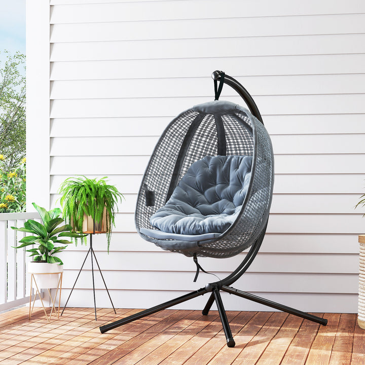 Outdoor Swing Chair with Thick Padded Cushion, Patio Hanging Chair with Metal Stand, Egg Chair with Foldable Basket, Cup Holder, for Indoor and Outdoor, Dark Grey