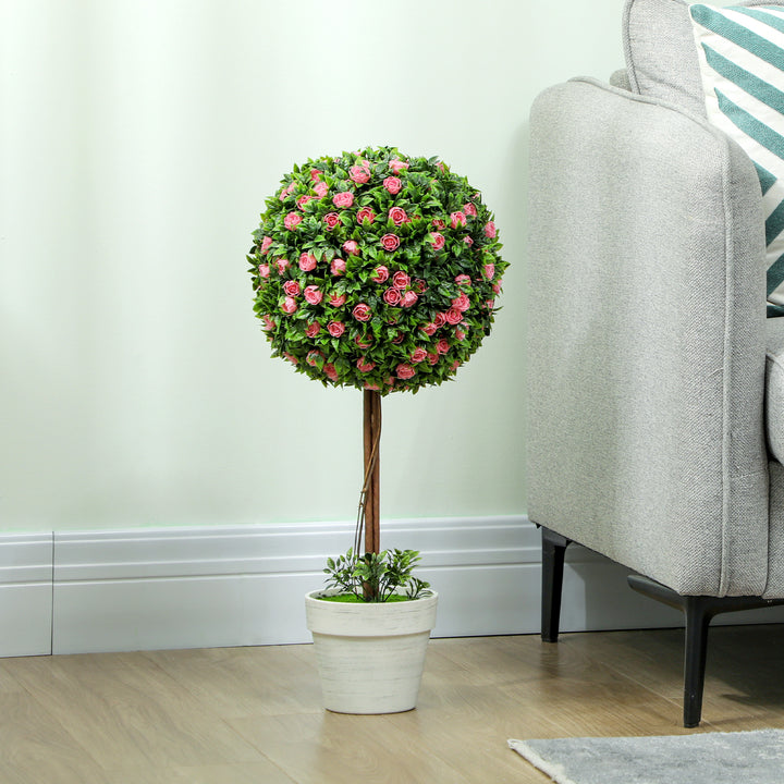 Set of 2 Decorative Artificial Plants, Ball Topiary Tree with Rose Flower in Pot, Fake Plants for Home Indoor Outdoor Decor, 60cm, Pink