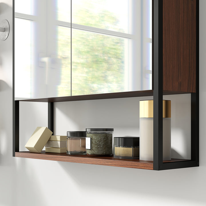 Bathroom Mirror Cabinet with Soft-Close Doors and Adjustable Shelf - Natural Wood Finish