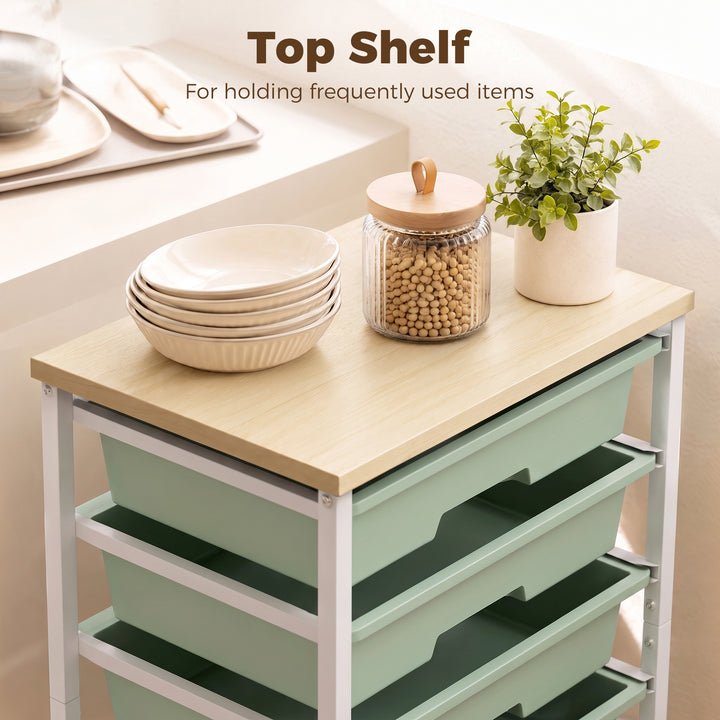 6-Tier Storage Trolley on Wheels, Metal Kitchen Rolling Cart with 5 Pu