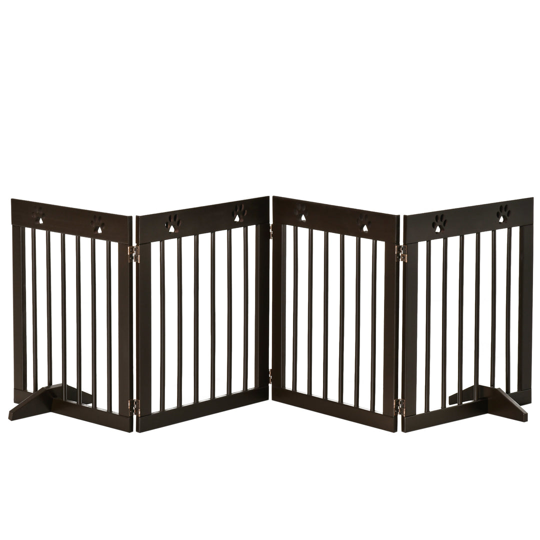 MCL Freestanding Pet Gate 4 Panel Wooden Dog Barrier Folding Safety Fence with Support Feet up to 204cm Long 61cm Tall for Doorway Stairs Brown