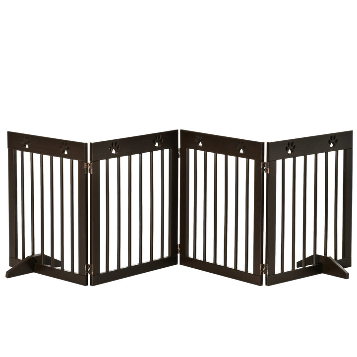 MCL Freestanding Pet Gate 4 Panel Wooden Dog Barrier Folding Safety Fence with Support Feet up to 204cm Long 61cm Tall for Doorway Stairs Brown
