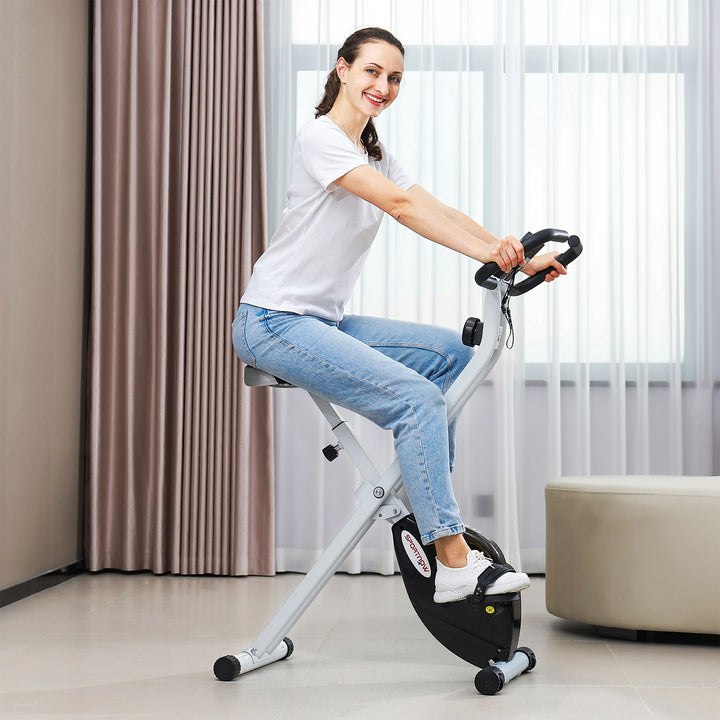 SPORTNOW Folding & Quiet Exercise Bike with 8-Level Magnetic Resistance and Heart-Rate Sensor for Home Gym, Black and White