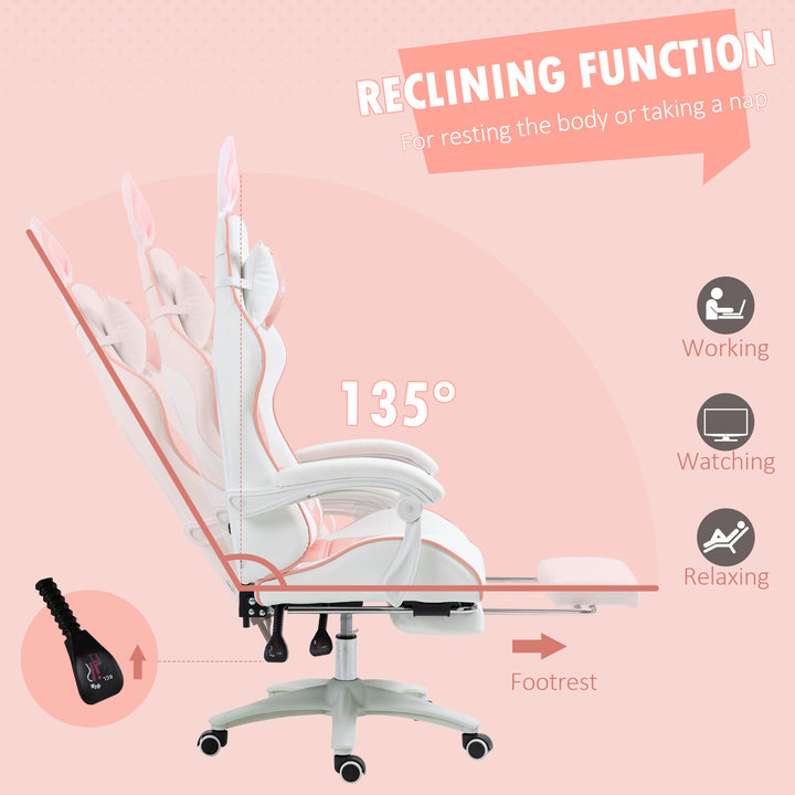 Racing Gaming Chair, Reclining PU Leather Computer Chair with Removable Rabbit Ears, Footrest, Headrest and Lumber Support, Pink