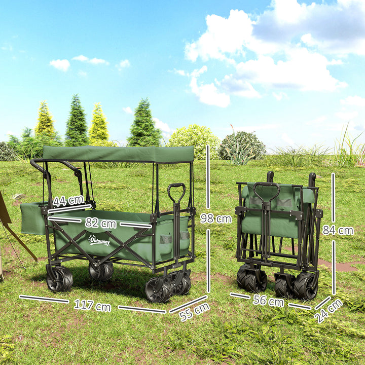 Folding Trolley Cart Storage Wagon Beach Trailer 4 Wheels with Handle Overhead Canopy Cart Push Pull for Camping, Green