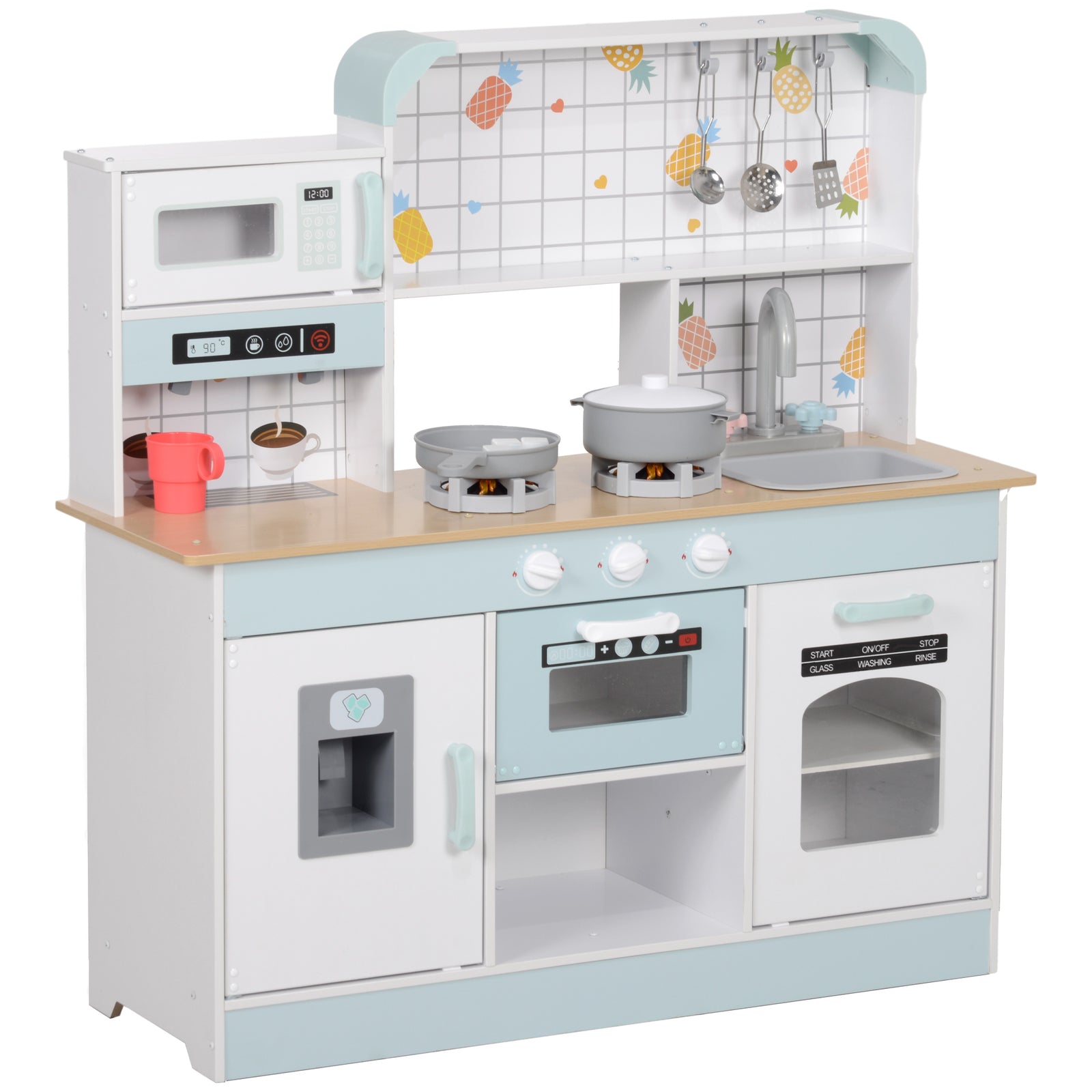 AIYAPLAY Toy Kitchen, Pretend Role Play Kitchen with Hob, Sound, Light, Coffee Machine, Ice Maker, Microwave