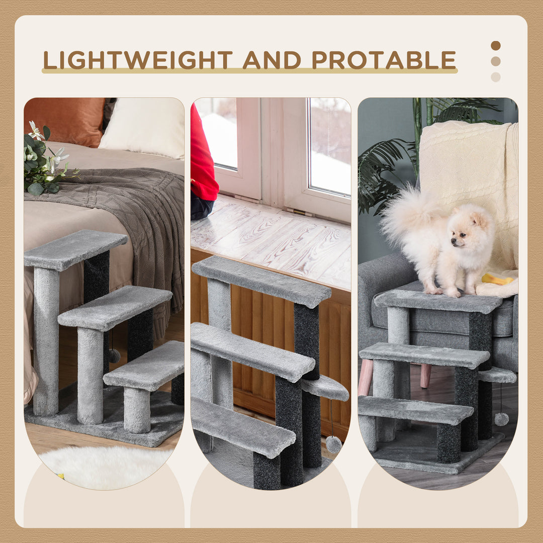 PawHut 3-step Pet Stairs with Scratching Posts, Platforms, Toy Ball, Grey