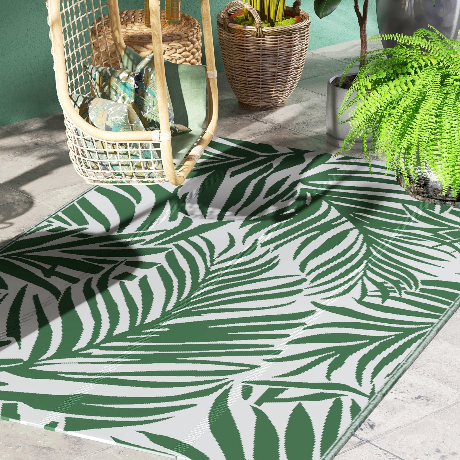 Reversible Outdoor RV Rug, 1.5 x 2.4m Patio Floor Mat, Waterproof Plastic Straw Rug for Garden, Deck, Picnic, Beach, Camping, Green Leaves, Green and White