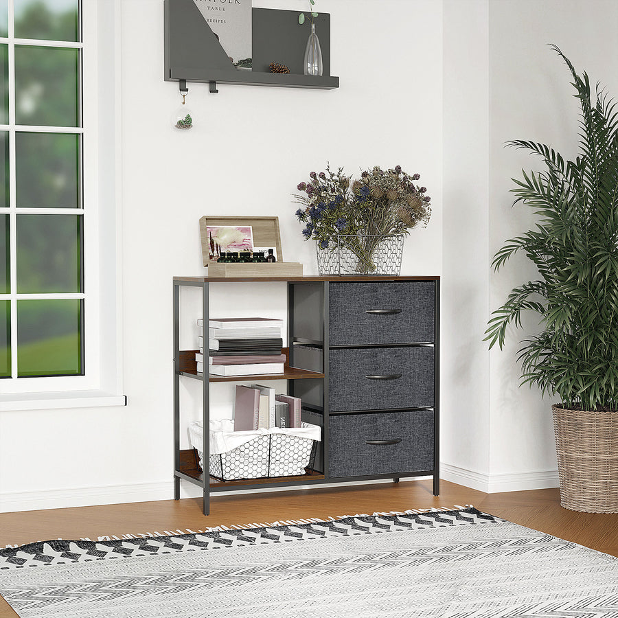 Chest of Drawers Storage Dresser Cabinet Organizer with 3 Fabric Drawers and 2 Display Shelves for Living Room, Bedroom, Hallway, Black