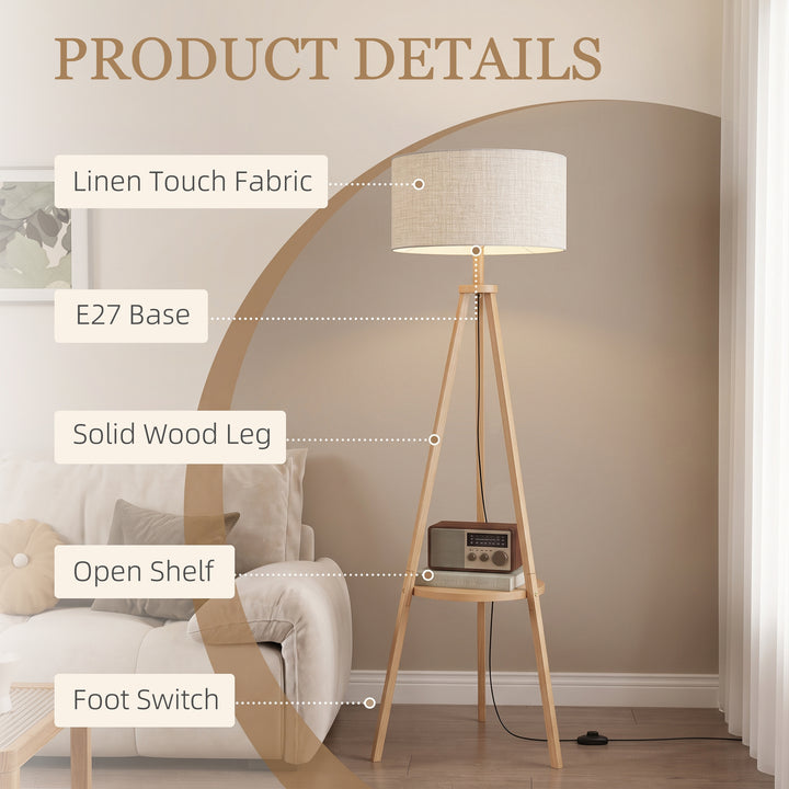 Bedside Light, Tripod Floor Lamp with Storage Shelf and Linen Shade fo