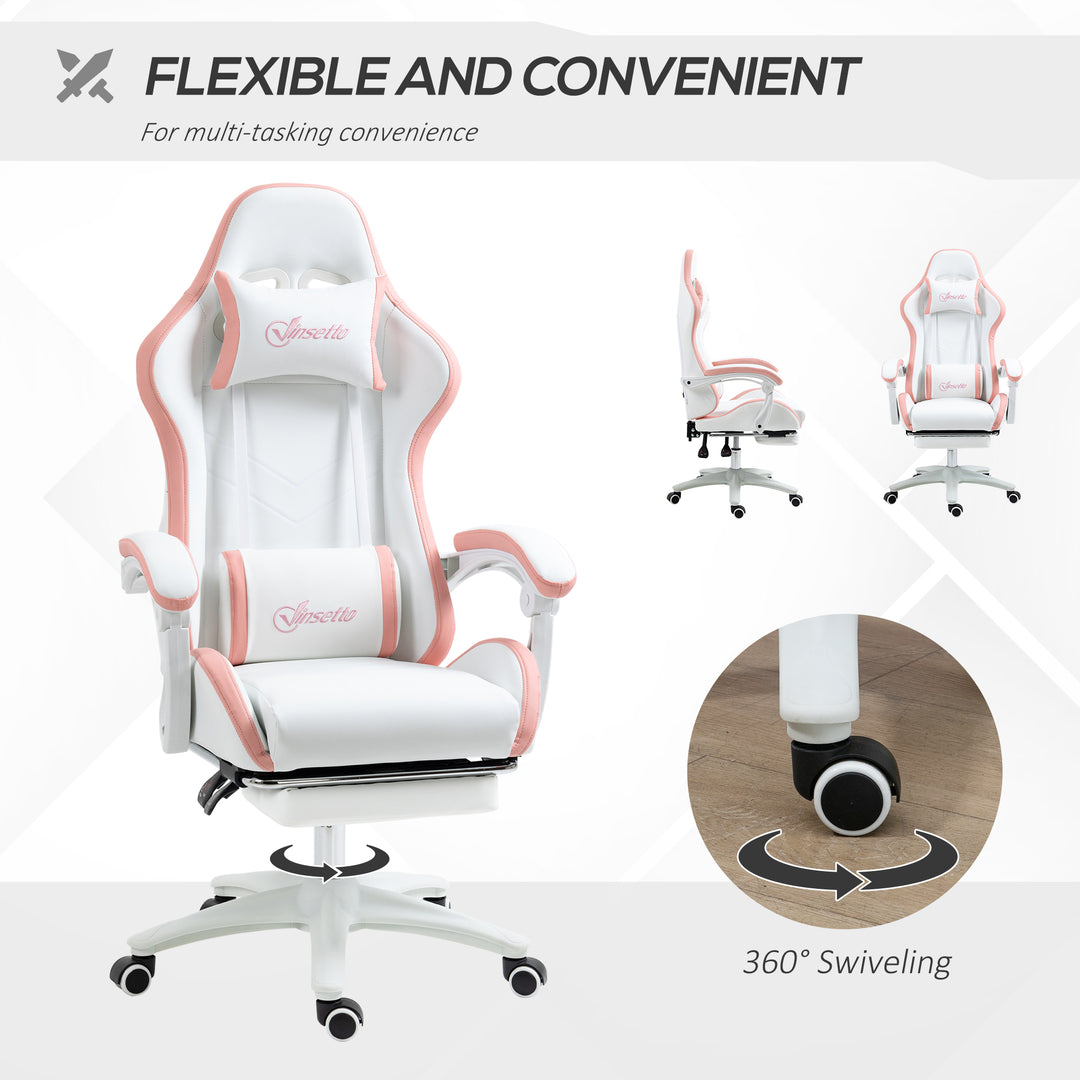 Computer Gaming Chair, PU Leather Office Desk Chair with Footrest, Swivel Wheels, 135° Reclining Back, Lumbar Support, Headrest for Home, White and Pink