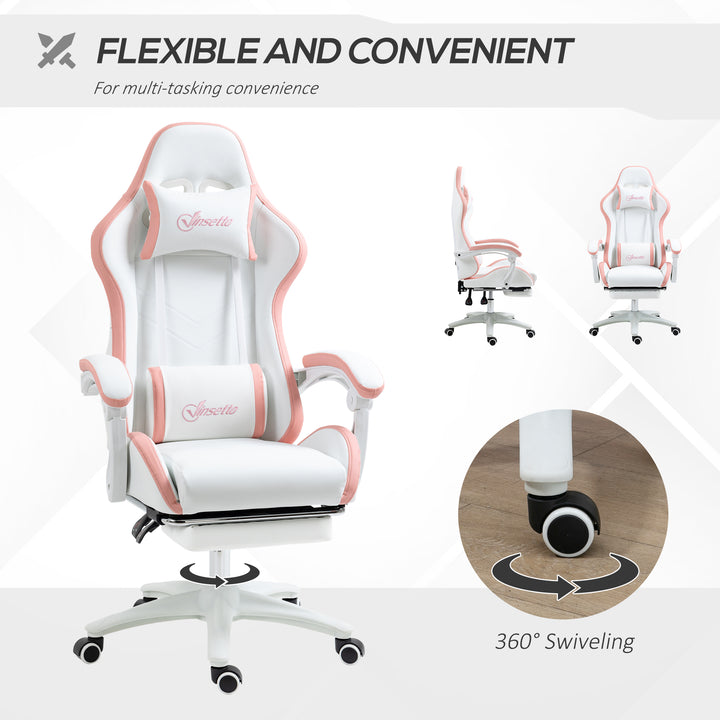 Computer Gaming Chair, PU Leather Office Desk Chair with Footrest, Swivel Wheels, 135° Reclining Back, Lumbar Support, Headrest for Home, White and Pink