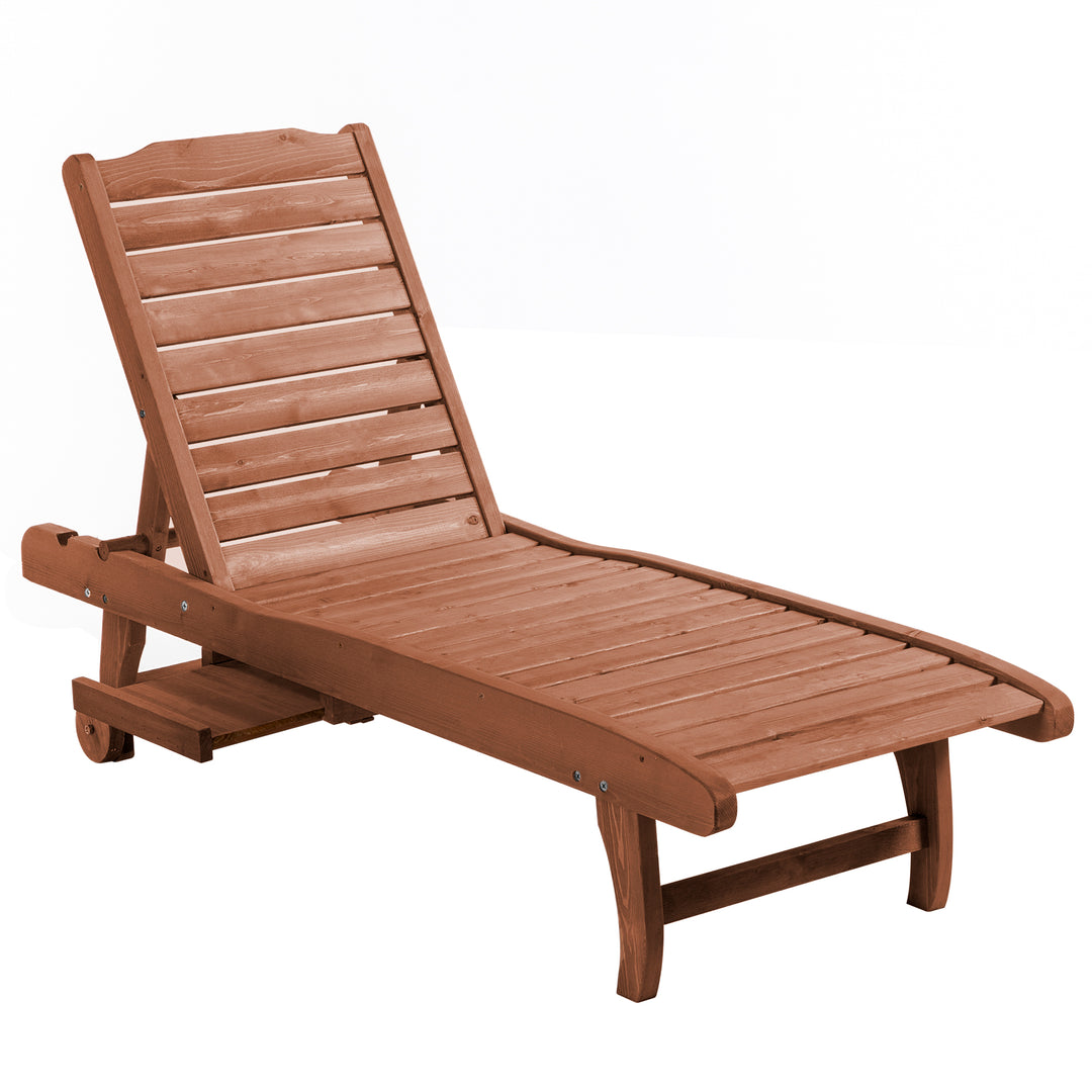 MCL Outdoor Wooden Lounger Chair, Sun Bed with Built-In Table, Adjustable Backrest and Wheels, Red Brown