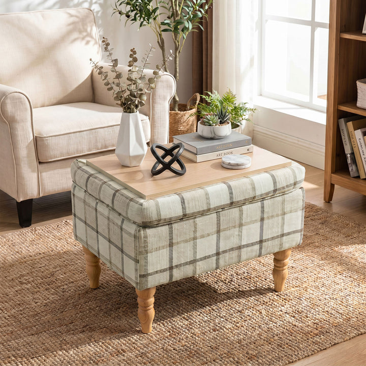 Linen Fabric Upholstered Footstool, Rectangular Storage Stool with Rem