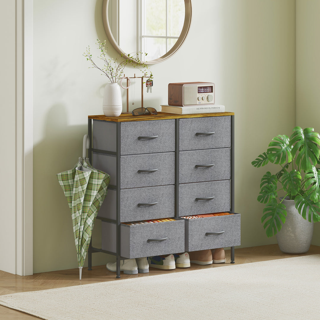 Fabric Chest of Drawers, Industrial Bedroom Dresser with 8 Fabric Drawers, Steel Frame and Wooden Top for Nursery, Living Room, Hallway, Rustic Brown and Grey