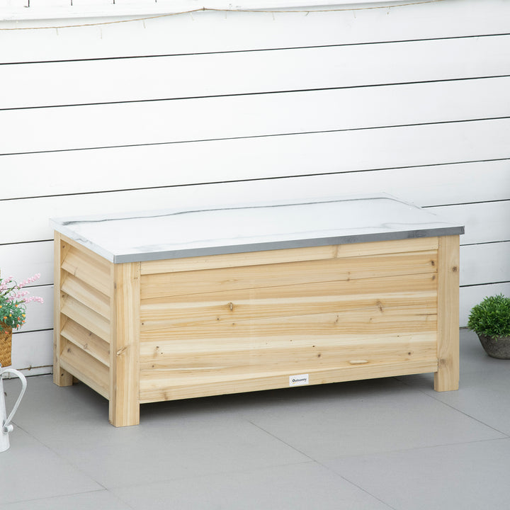 155L Outdoor Storage Box with Metal Top and Shutter Walls, Wooden Outside Tool organiser Container, for Garden, terrace