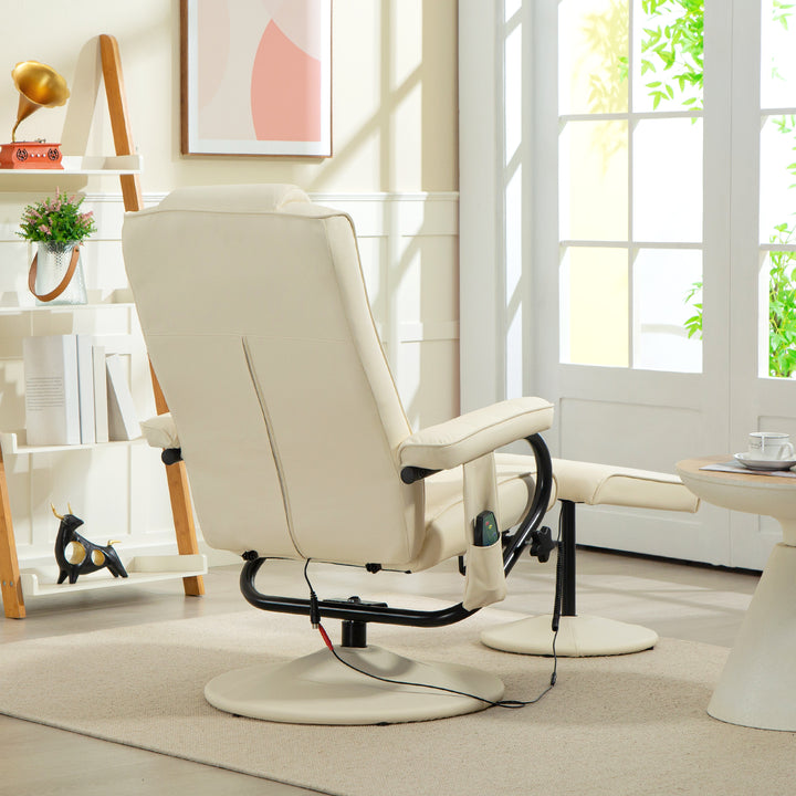 Swivel Recliner Chair and Footstool, Faux Leather Massage Recliner Armchair with Remote Control and Round Wrapped Base, Cream White