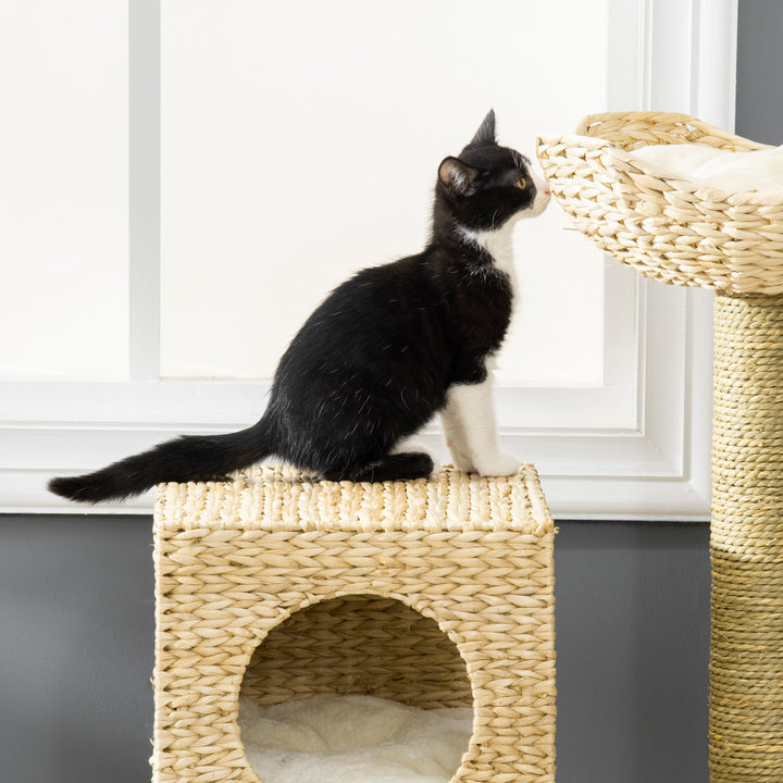 PawHut Cat Tree Tower, Indoor Activity Centre with Scratching Posts, House, Bed, Ladder, and Washable Cushions, Natural Finish | Aosom UK