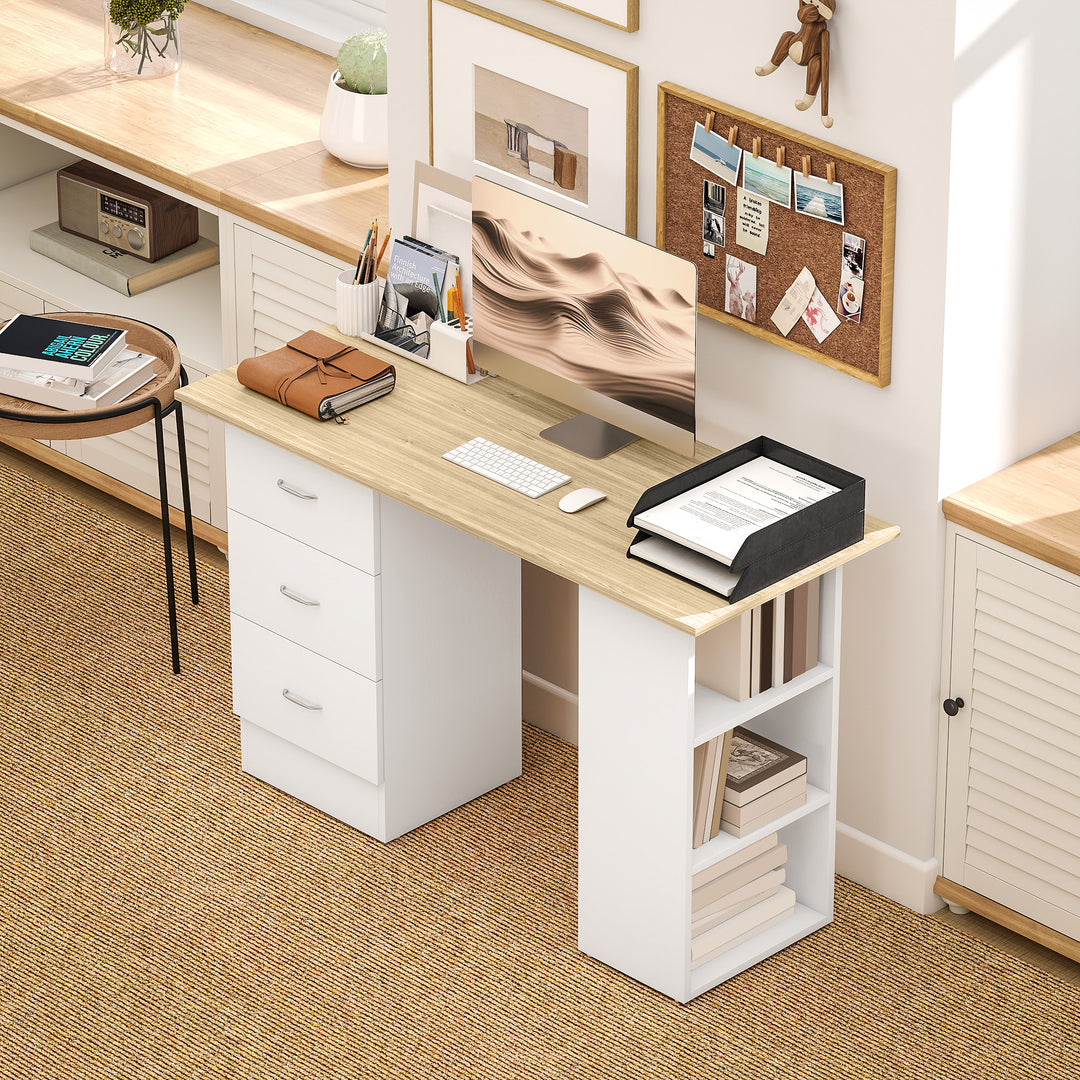 Computer Desk, Writing Table, PC Workstation with 3 Storage Shelves and Drawers, Silver Handle, for Home Office, Natural Wood Finish and White