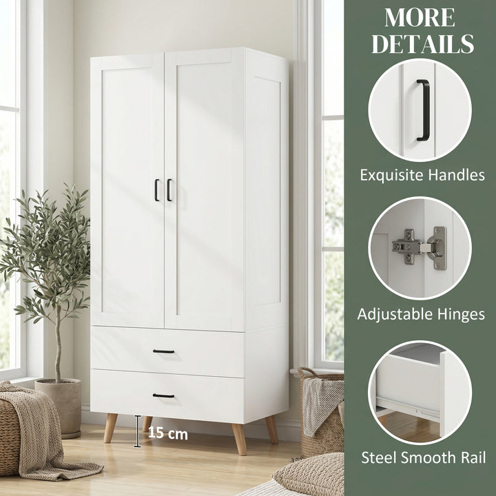 2-Door Wardrobe, Modern Wardrobe with 2 Drawers and Hanging Rail for B