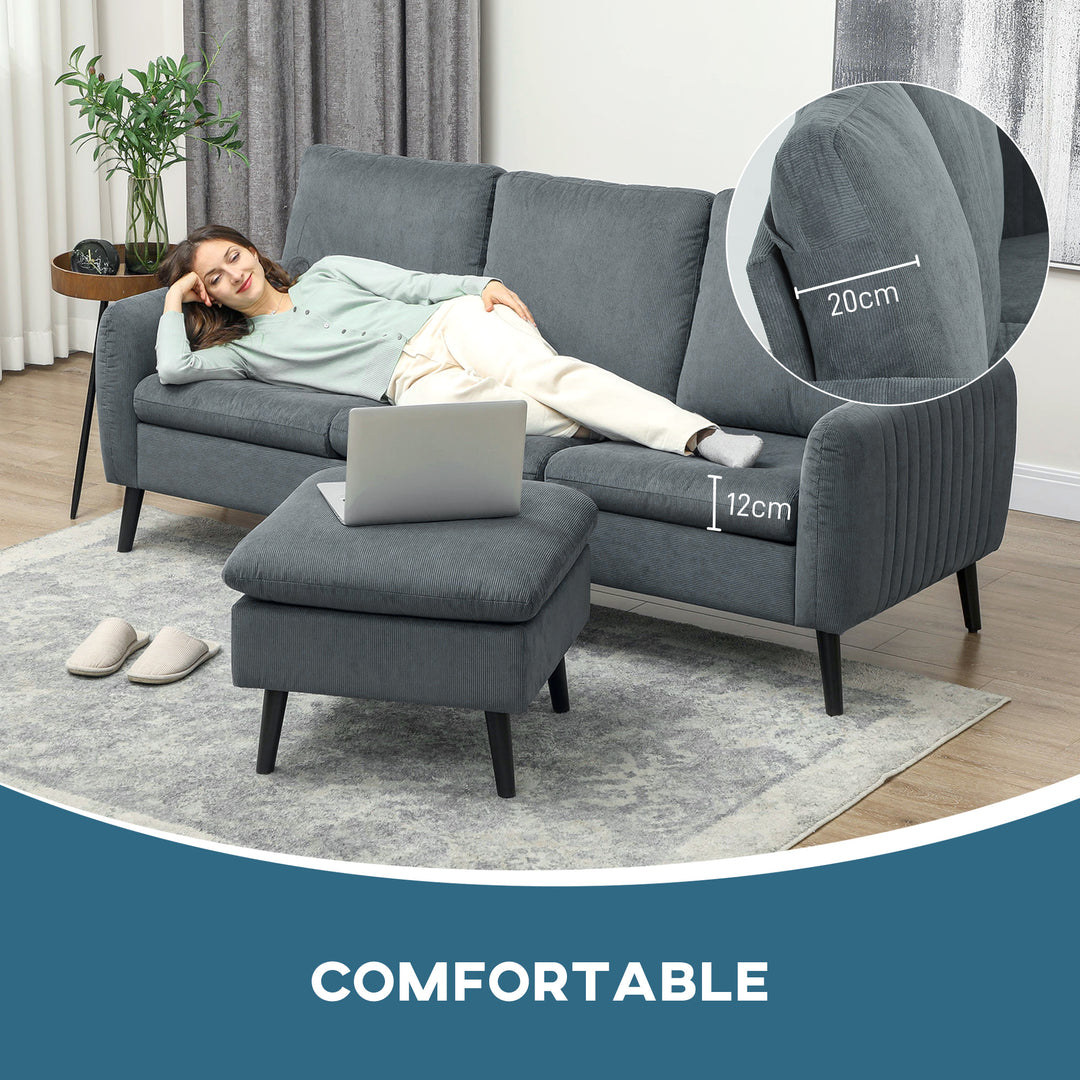 3 Seater Sofa with Ottoman, 196cm Corduroy L-shaped Sofa Couch with Scatter Back, Reversible Chaise Lounge for Living Room, Home Office, Small Spaces, Charcoal Grey