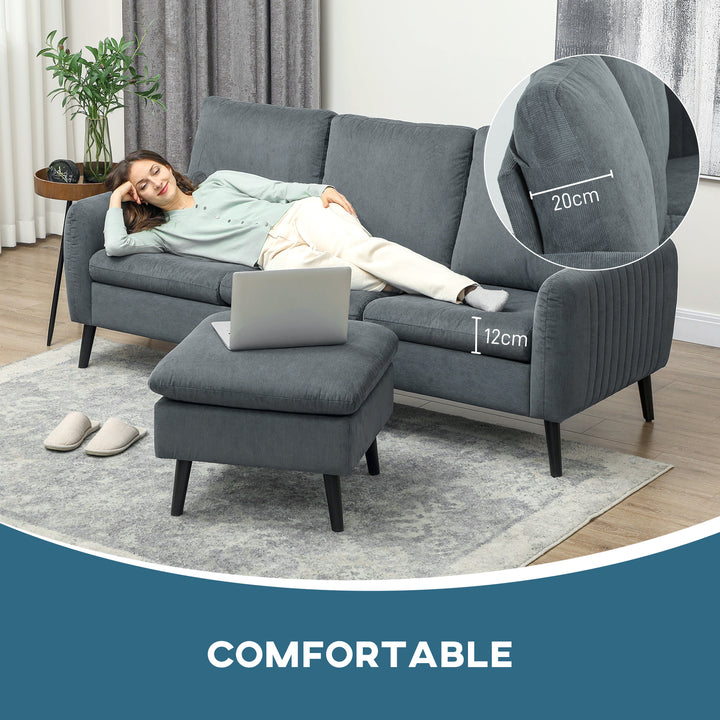 3 Seater Sofa with Ottoman, 196cm Corduroy L-shaped Sofa Couch with Scatter Back, Reversible Chaise Lounge for Living Room, Home Office, Small Spaces, Charcoal Grey