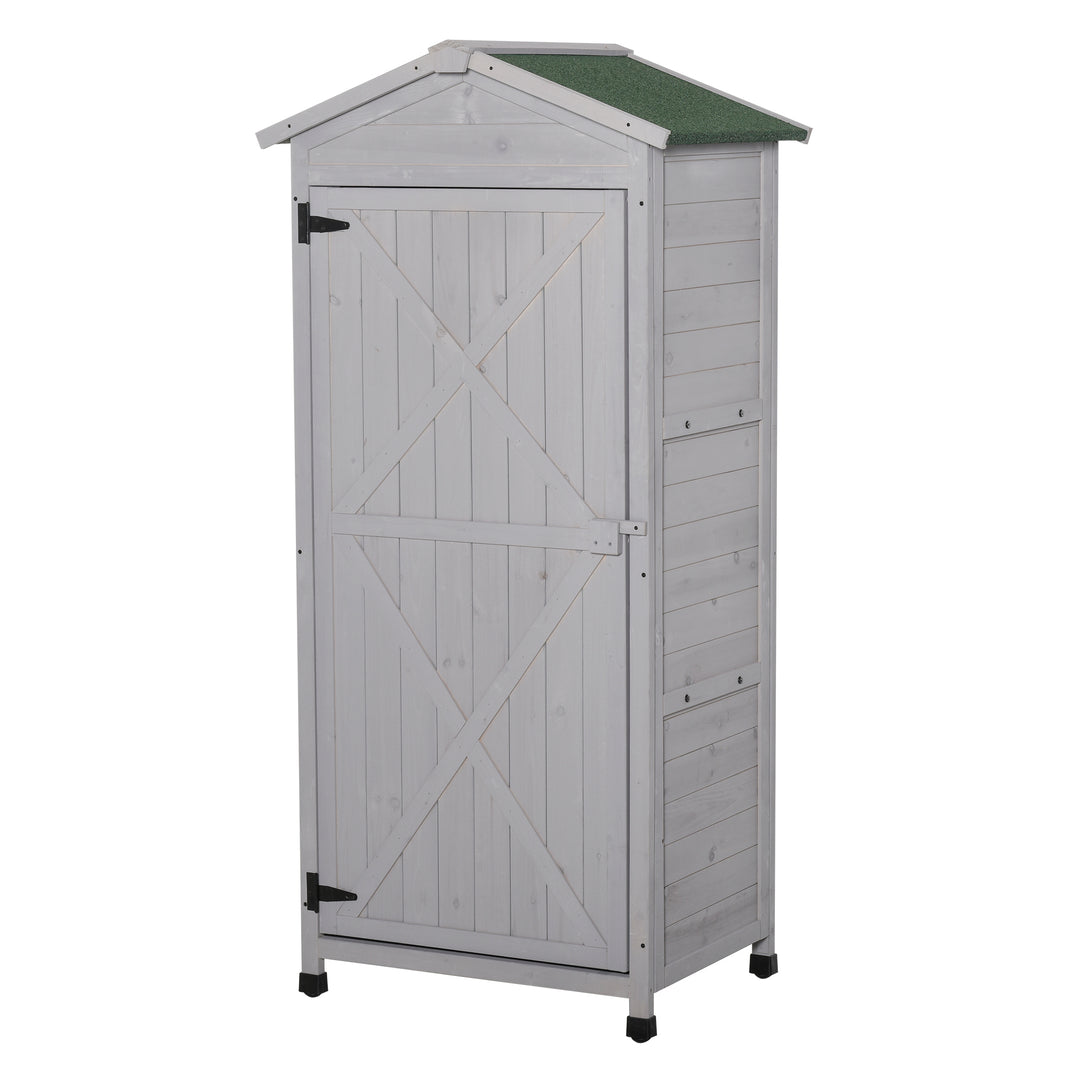 Wooden Garden Shed, Outdoor Storage Cabinet with 2 Shelves and Hooks, Locking Organiser Outdoor Narrow Tool House, 74x55x155cm, Grey
