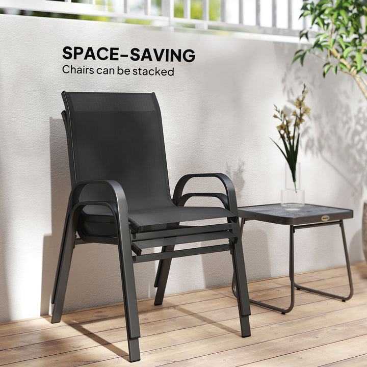 3 Pieces Outdoor Bistro Set, Patio Stackable Armchairs with Breathable Mesh Fabric and SPC Board Coffee Table, Black