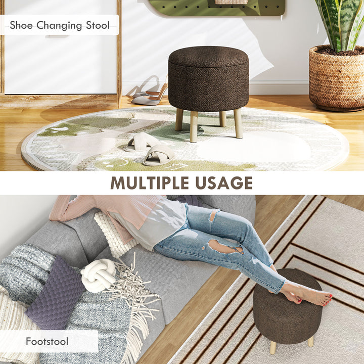 Round Ottoman Stool with Storage, Linen Fabric Upholstered Foot Stool with Padded Seat, Hidden Space and Wood Legs