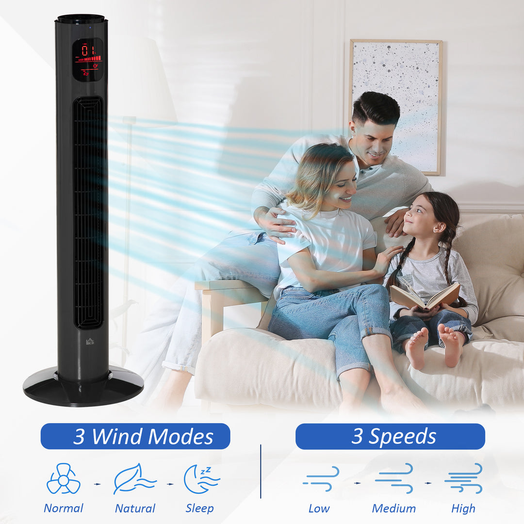 HOMCOM 38'' Freestanding Tower Fan, 3 Speed & Mode Settings, 12h Timer, 70 Degree Oscillation, LED Control Panel, Remote Control, Dark Grey | Aosom UK