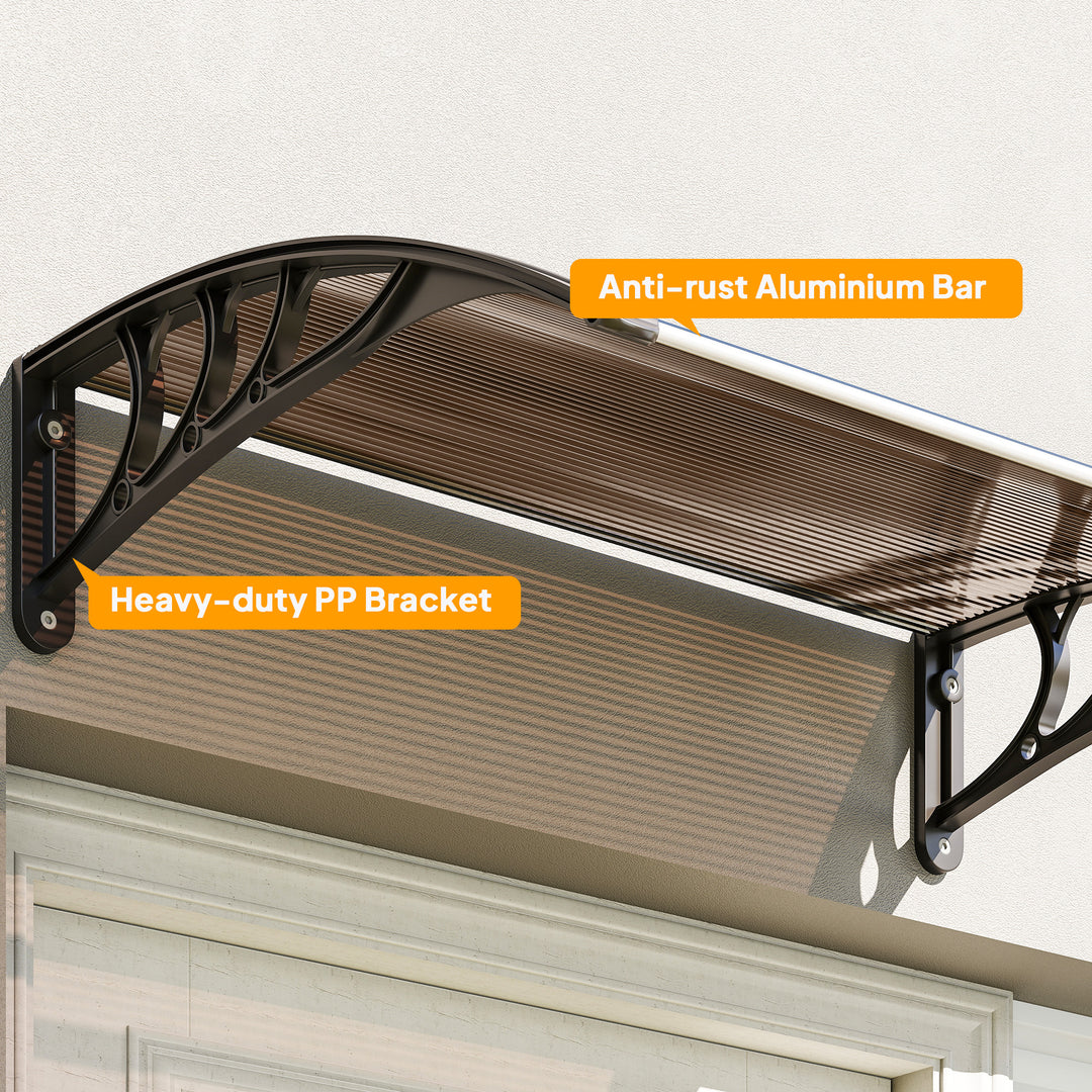 Front Door Canopy Outdoor Awning Aluminium Rigid Plastic Polycarbonate Rain Shelter UV Water Rain Resistant 100 x 75cm Brown