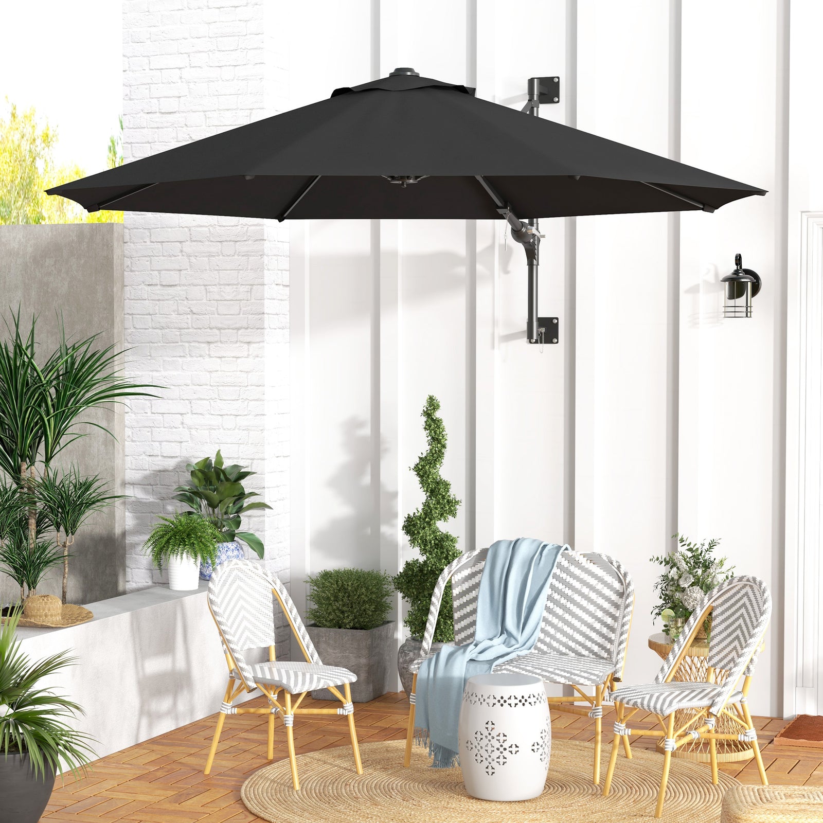 3m Wall-Mounted Parasol Shade, with Handle - Grey