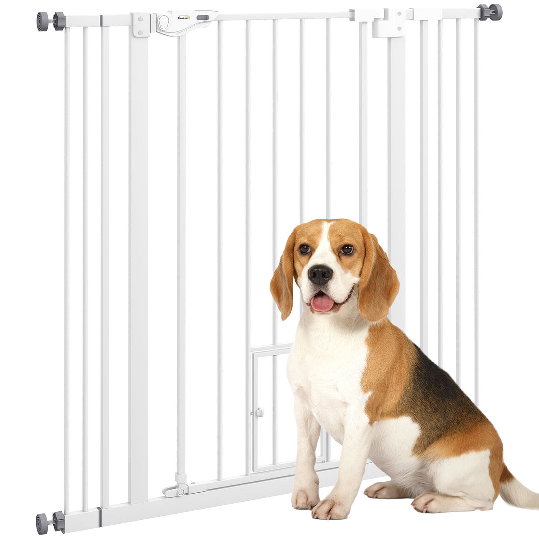 Extra Tall Pet Gate, Indoor Dog Safety Gate, with Cat Flap, Auto Close, 74-101cm Wide - White