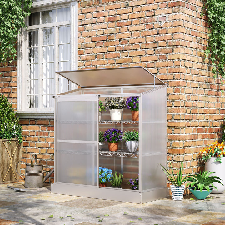 MCL 3 Tier Greenhouse Garden Outdoor Cold Frame Plant Flower Growth Transparent Polycarbonate Board Openable Roof Sliding Door w/ Foundation 131L x 58W x 140H cm