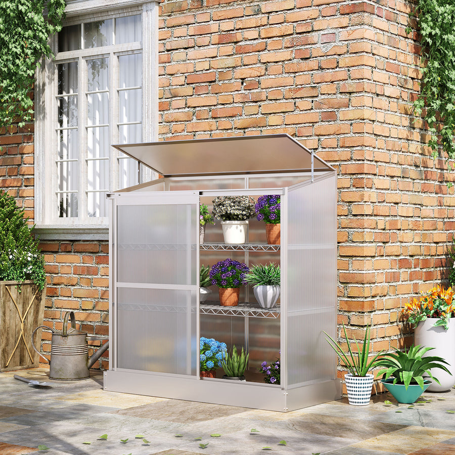 3 Tier Greenhouse Garden Outdoor Cold Frame Plant Flower Growth Transparent Polycarbonate Board Openable Roof Sliding Door w/ Foundation 131L x 58W x 140H cm