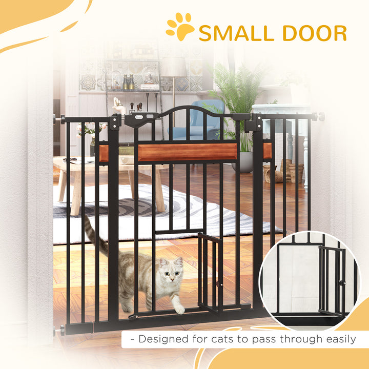 Pet Gate Safety Gate, with Cat Flap, Auto Close, for Staircases, Doorways, Hallways, 74-105cm Wide - Black
