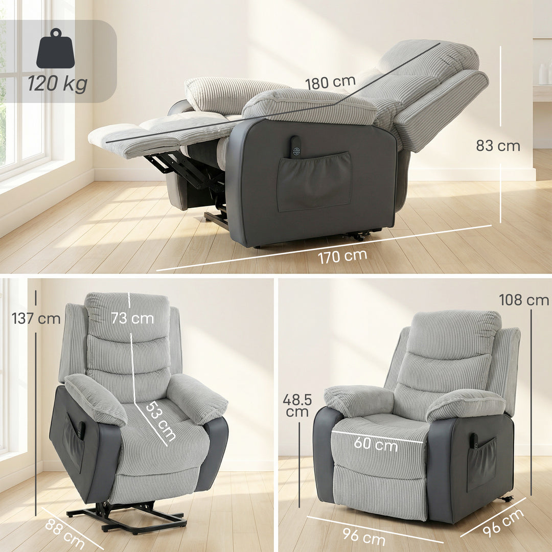 Overstuffed Corduroy Electric Lift Recliner Chair - Light Grey