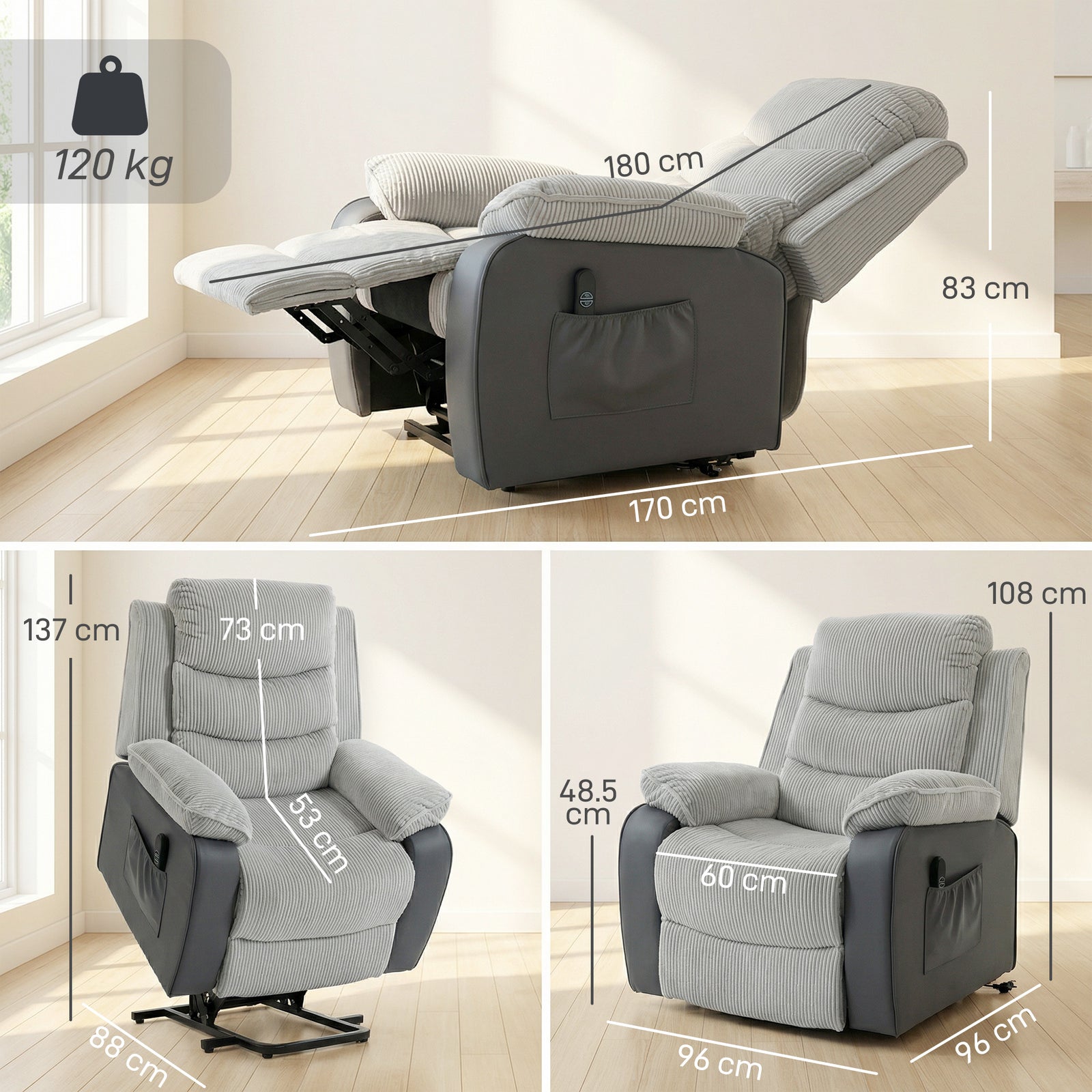 Overstuffed Corduroy Electric Lift Recliner Chair - Light Grey