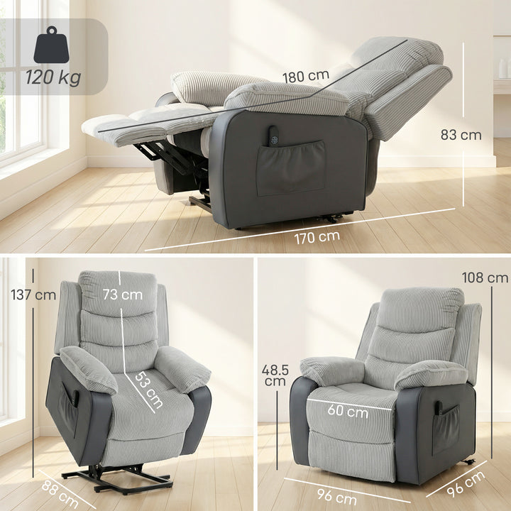 Overstuffed Corduroy Electric Lift Recliner Chair - Light Grey
