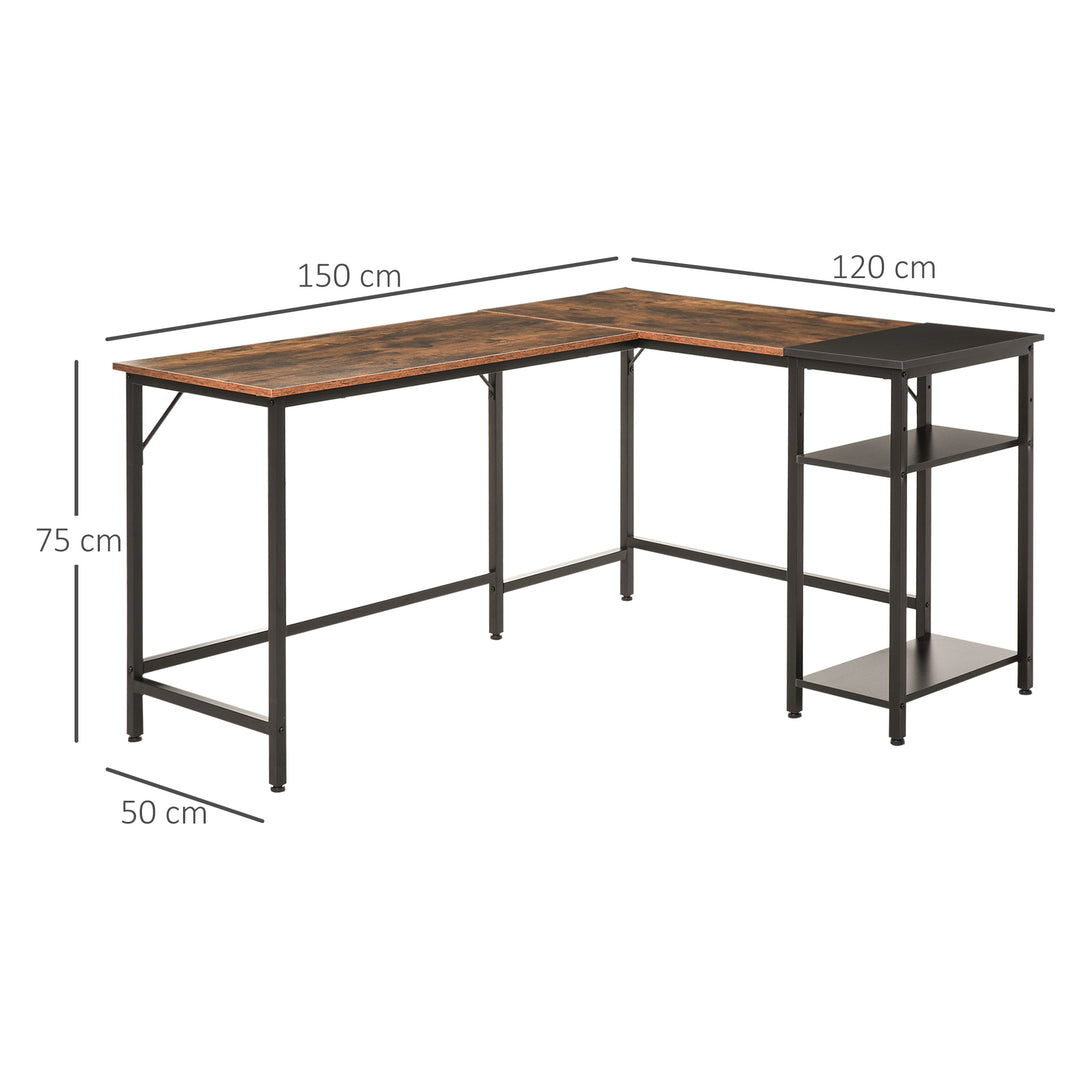 L-Shaped Computer Desk Industrial Corner Writing Desk with Adjustable Storage Shelf Space-Saving Home Office Workstation 150 x 120 x 75 cm Rustic Brown