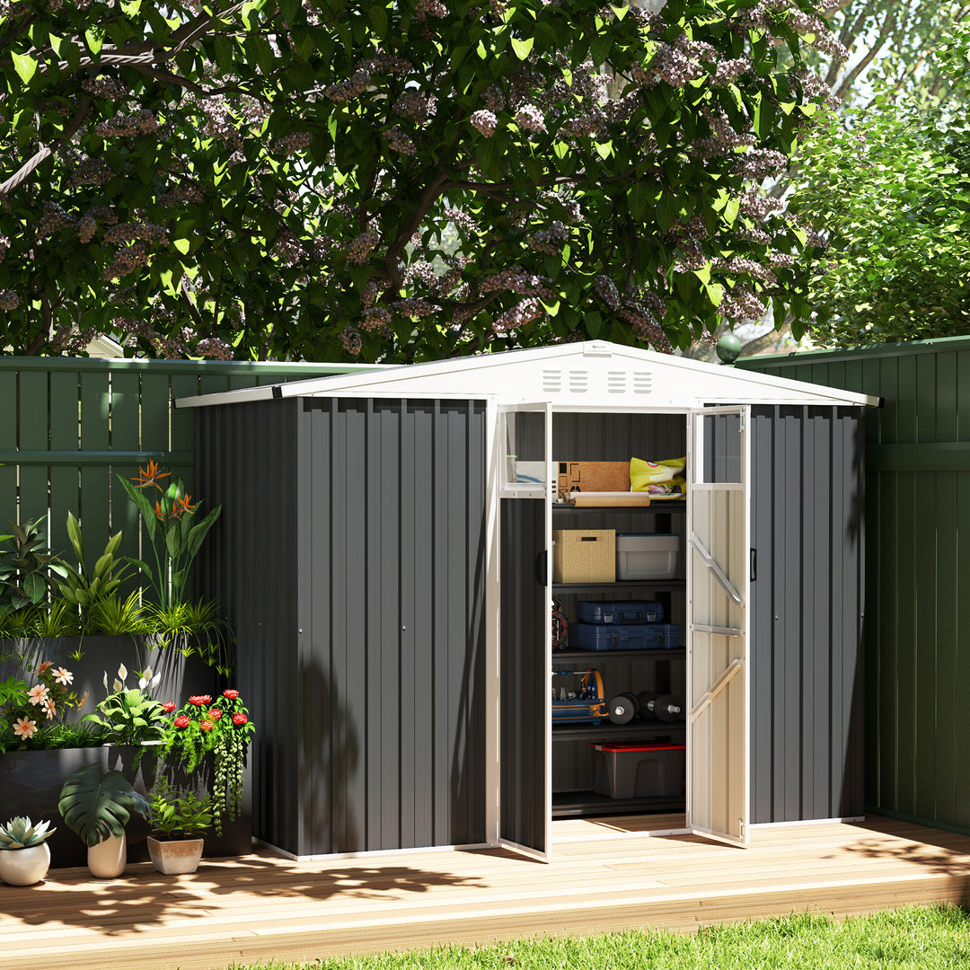 8 x 4 ft Metal Garden Shed, Garden Storage Shed with Window, 4 Vents and Lockable Door, Waterproof Galvanised Steel Tool Storage Shed, Dark Grey