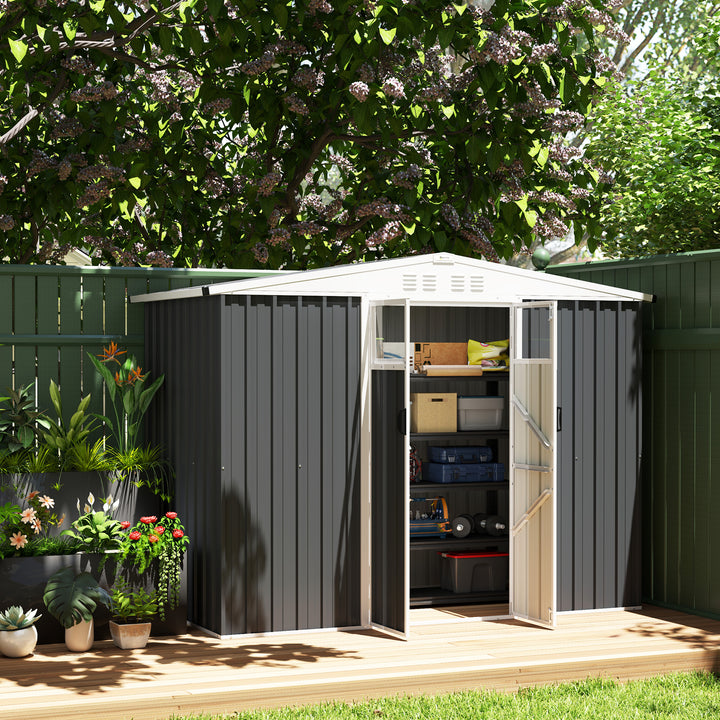 8 x 4 ft Metal Garden Shed, Garden Storage Shed with Window, 4 Vents and Lockable Door, Waterproof Galvanised Steel Tool Storage Shed, Dark Grey