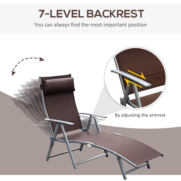 Outsunny Foldable Sun Lounger, Garden Texteline Reclining Chair with Pillow, Adjustable Outdoor Recliner, Brown