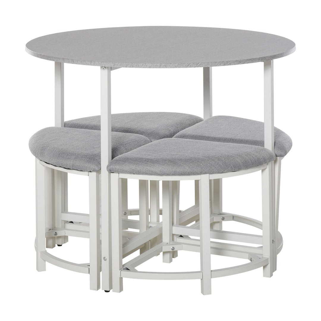 MCL Modern Round Dining Table Set with 4 Upholstered Stools for Dining Room, Kitchen, Grey
