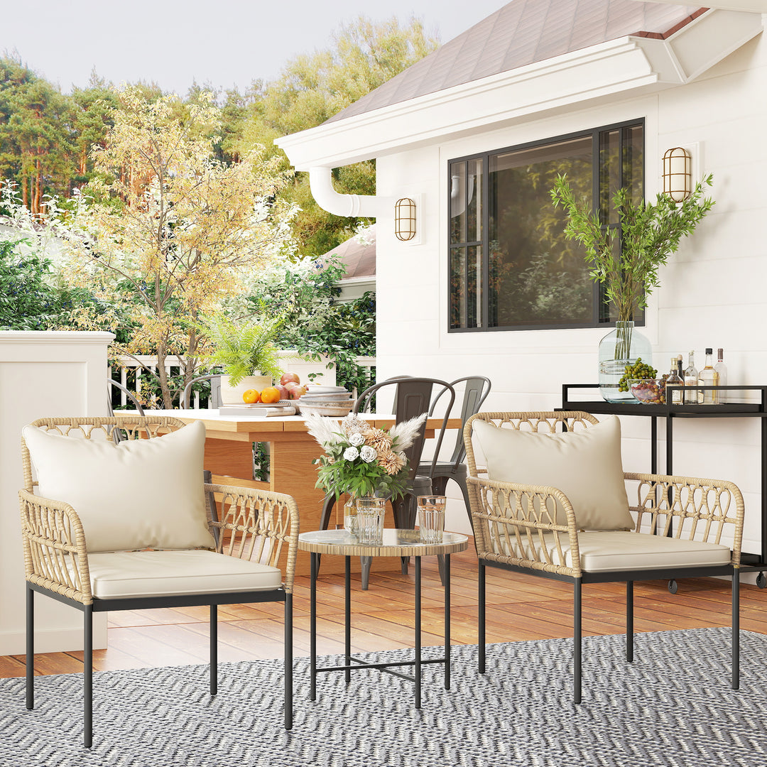 3 Piece Rattan Bistro Set, Wicker Garden Furniture Set with Cushions, Glass Top Coffee Table and Chairs for Outdoor, Patio, Balcony, Beige
